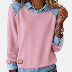 Women's Sweatshirt With Collar and Denim-Style Panels