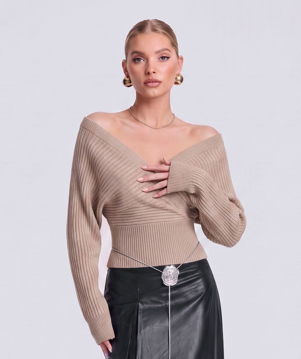 Women's Knit Wrap Sweater With V-Neck and Off-the-Shoulder Neckline