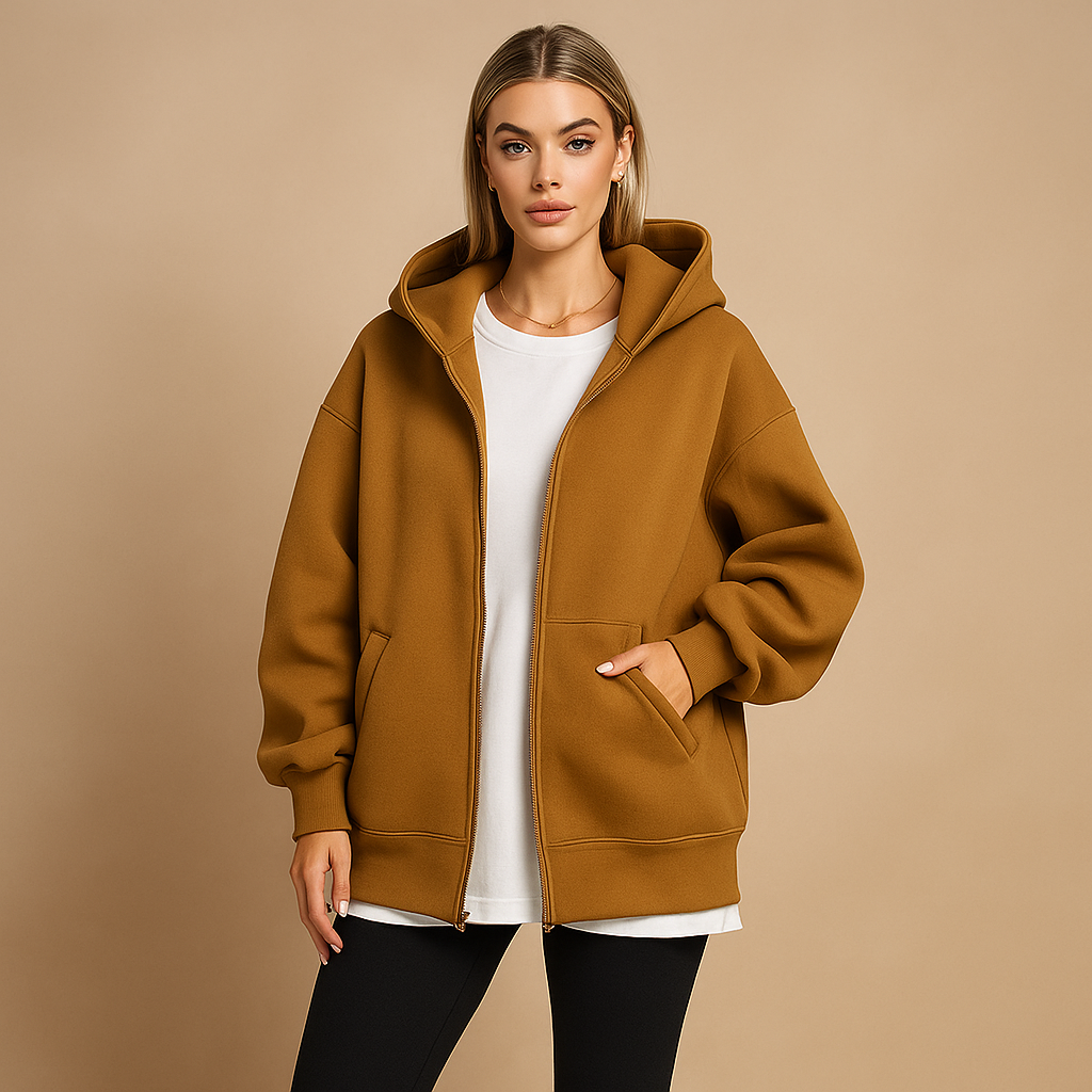 Damska bluza oversize z kapturem, zamkiem, kieszeniami i ściągaczami