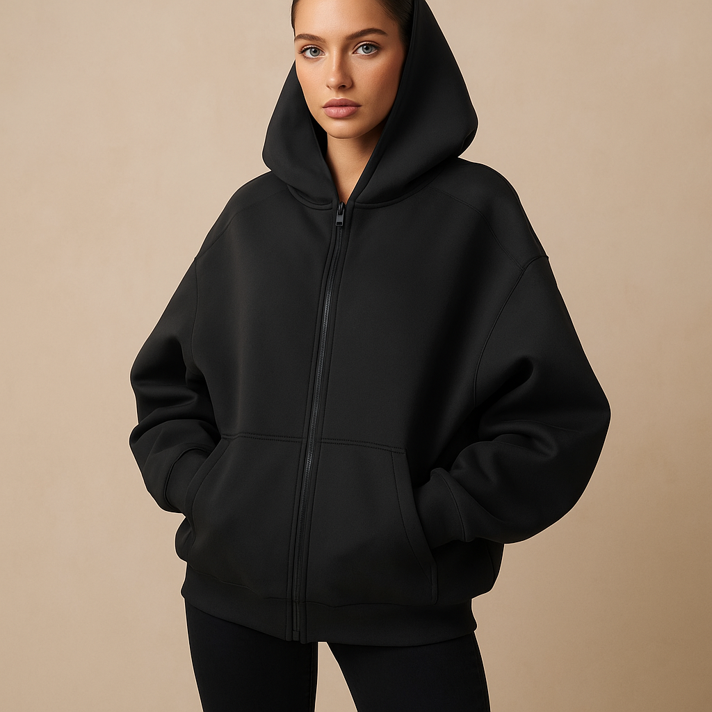 Damska bluza oversize z kapturem, zamkiem, kieszeniami i ściągaczami