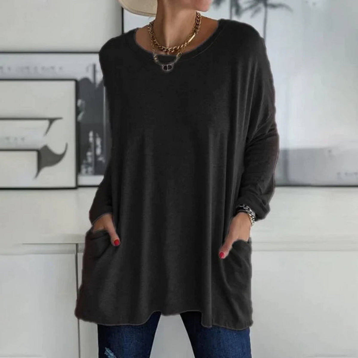 Damski sweter oversize z okrągłym dekoltem, rękawami trzy czwarte i kieszeniami