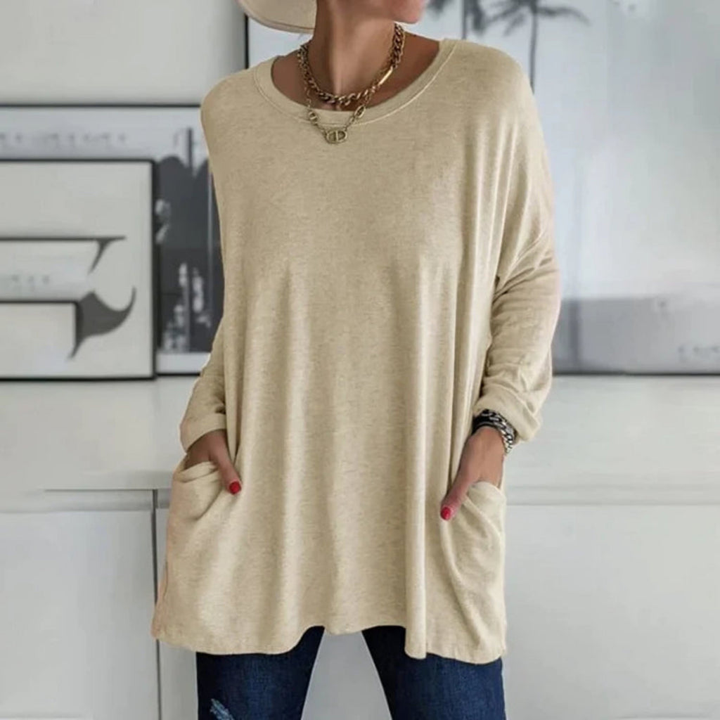 Damski sweter oversize z okrągłym dekoltem, rękawami trzy czwarte i kieszeniami