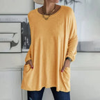 Damski sweter oversize z okrągłym dekoltem, rękawami trzy czwarte i kieszeniami