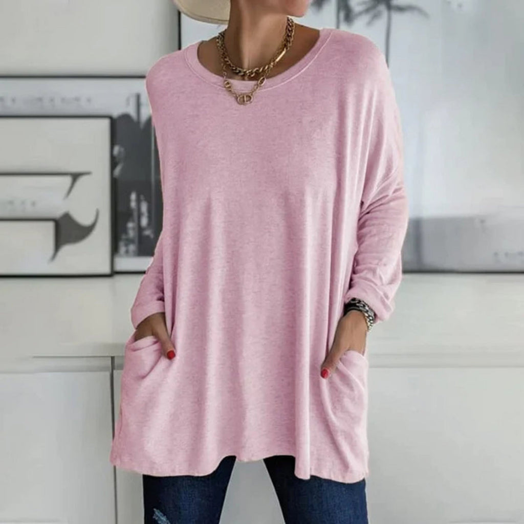 Damski sweter oversize z okrągłym dekoltem, rękawami trzy czwarte i kieszeniami