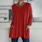 Damski sweter oversize z okrągłym dekoltem, rękawami trzy czwarte i kieszeniami