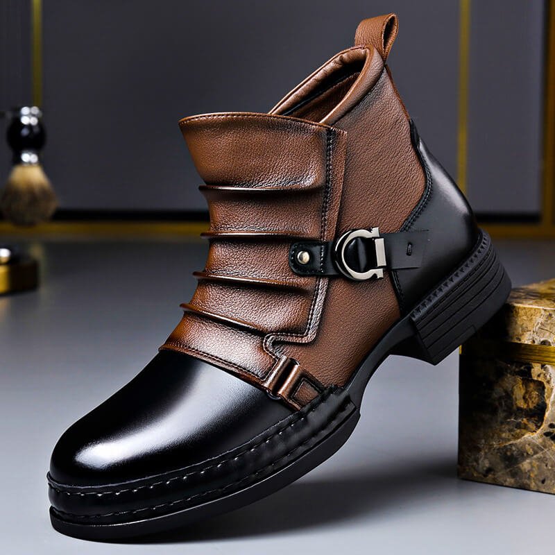 Męskie dwukolorowe buty za kostkę z paskami, klamrami i grubą podeszwą