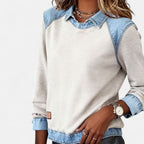 Women's Sweatshirt With Collar and Denim-Style Panels