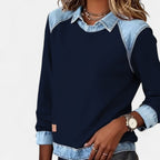 Women's Sweatshirt With Collar and Denim-Style Panels