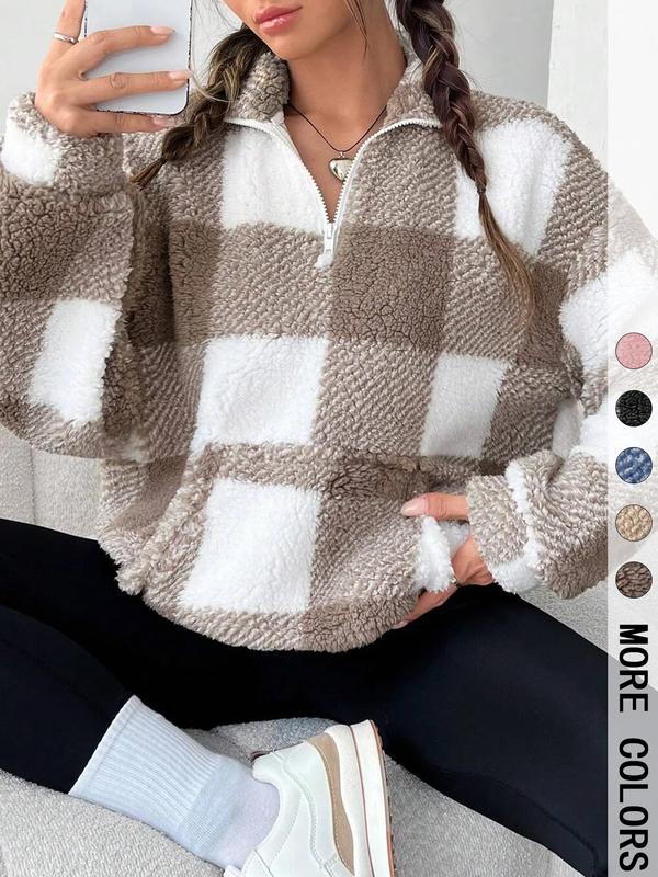 Női kockás pulóver félcipzárral, hosszú ujjal
