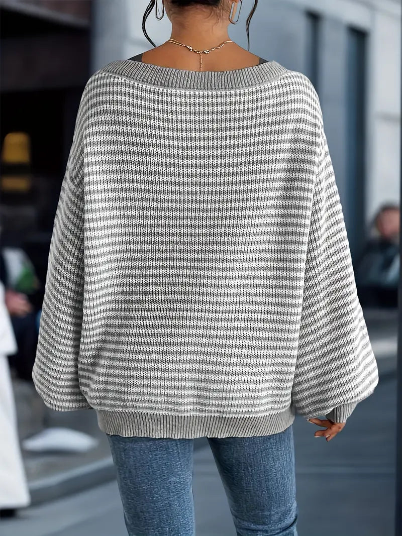 Damski sweter w kontrastowe poziome paski, okrągły dekolt i długie rękawy