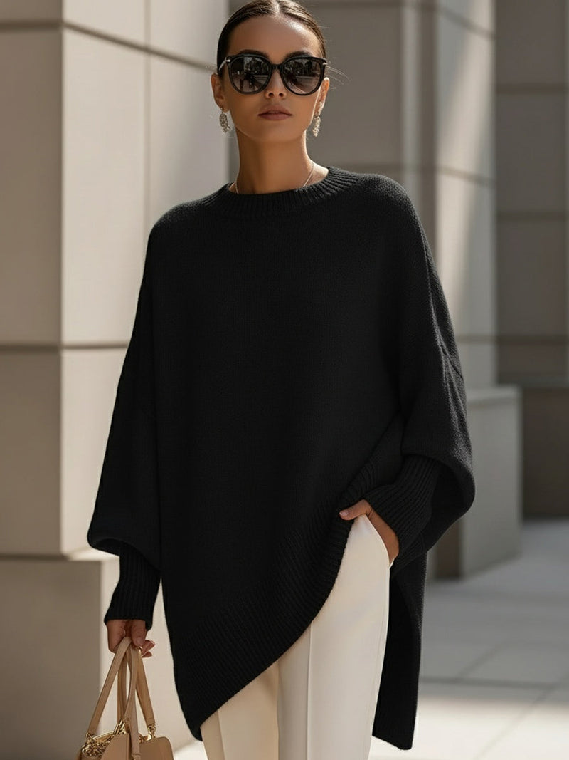 Damski sweter oversize z okrągłym dekoltem i dłuższym tyłem