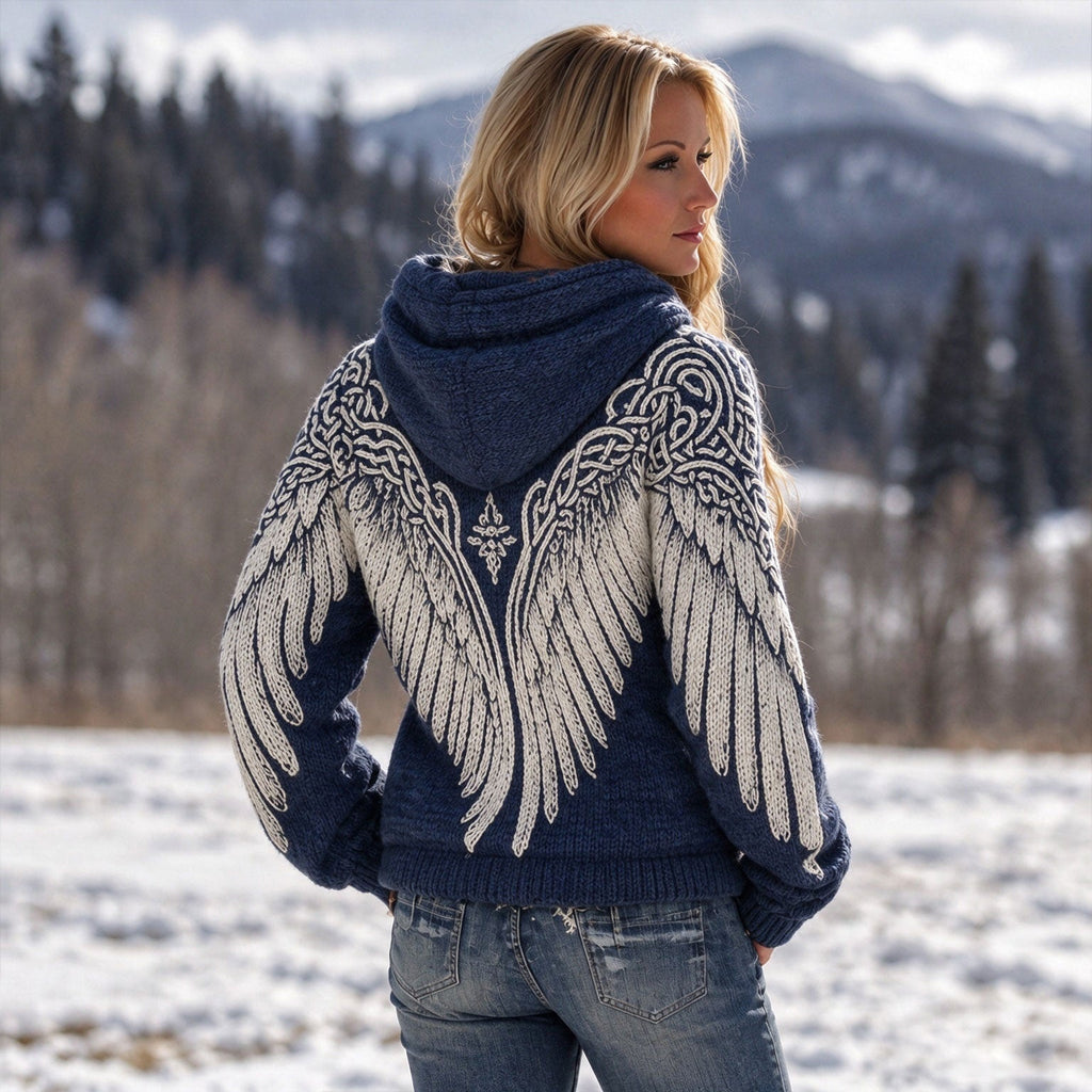 Damski sweter z kapturem i kontrastowym wzorem skrzydeł