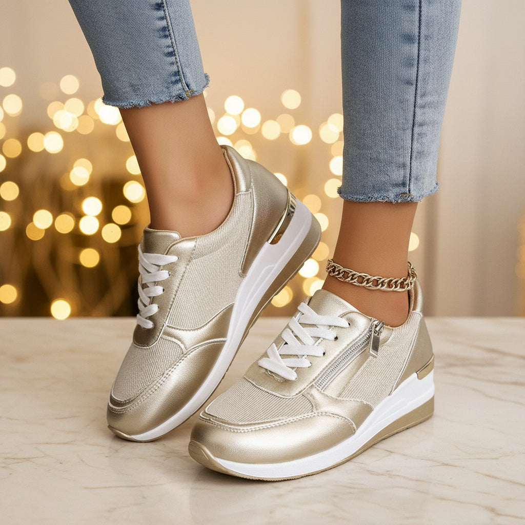 Damskie sneakersy na platformie ze sznurowaniem i bocznym zamkiem