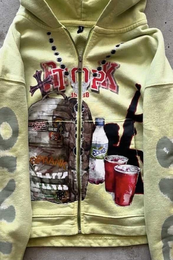 Żółta bluza z kapturem na zamek i nadrukiem graffiti