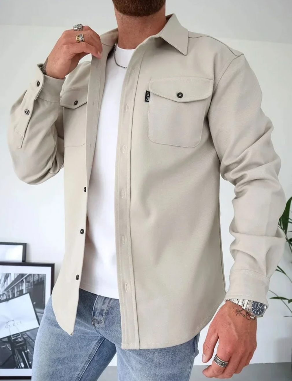 Męska koszula overshirt z długim rękawem, kołnierzykiem i dwiema kieszeniami na piersi