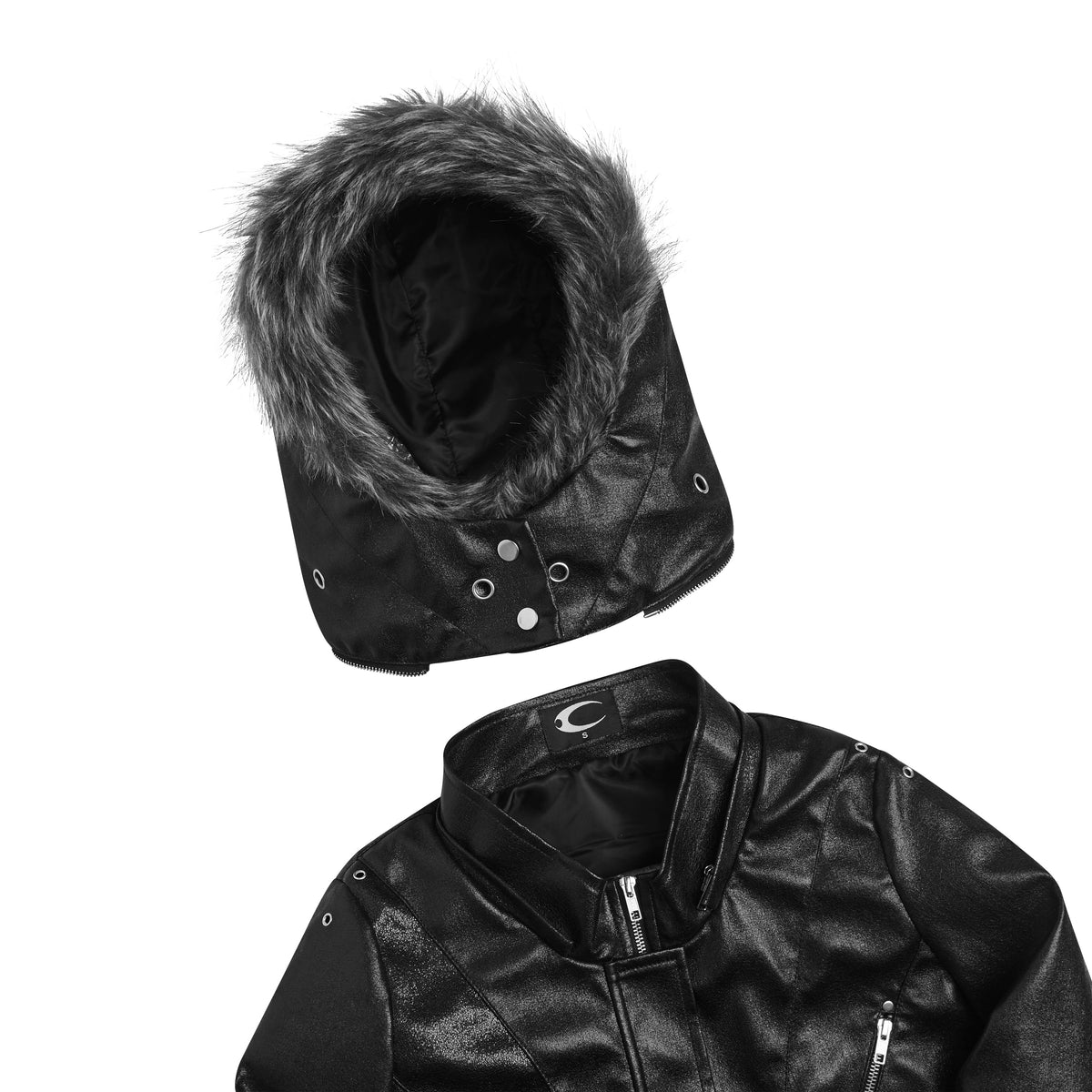 Czarna kurtka z kapturem, futrzanym wykończeniem i kieszeniami na zamki