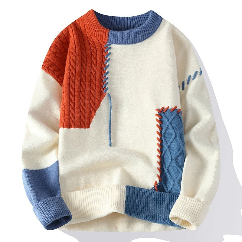 Dzianinowy sweter unisex z patchworkowym wzorem i długimi rękawami