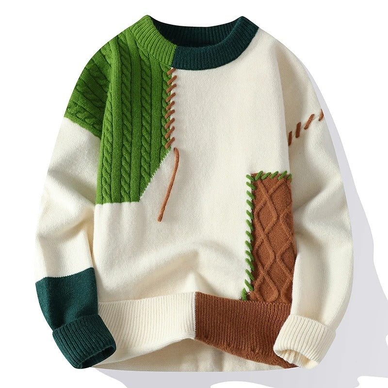 Dzianinowy sweter unisex z patchworkowym wzorem i długimi rękawami