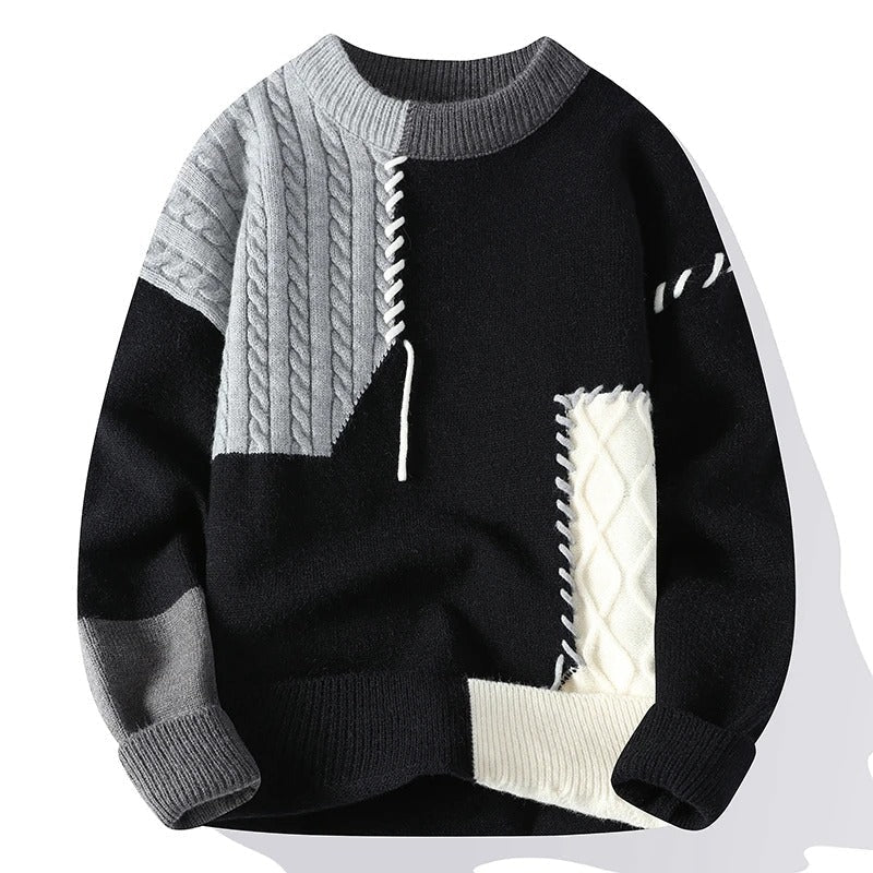 Dzianinowy sweter unisex z patchworkowym wzorem i długimi rękawami
