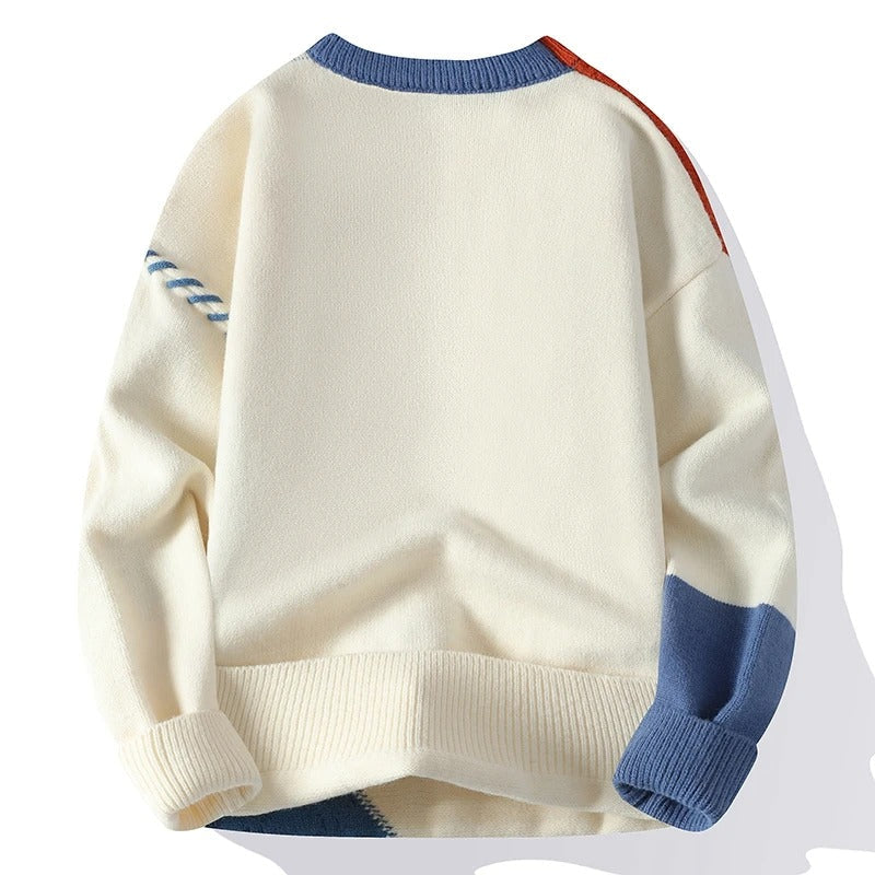 Dzianinowy sweter unisex z patchworkowym wzorem i długimi rękawami