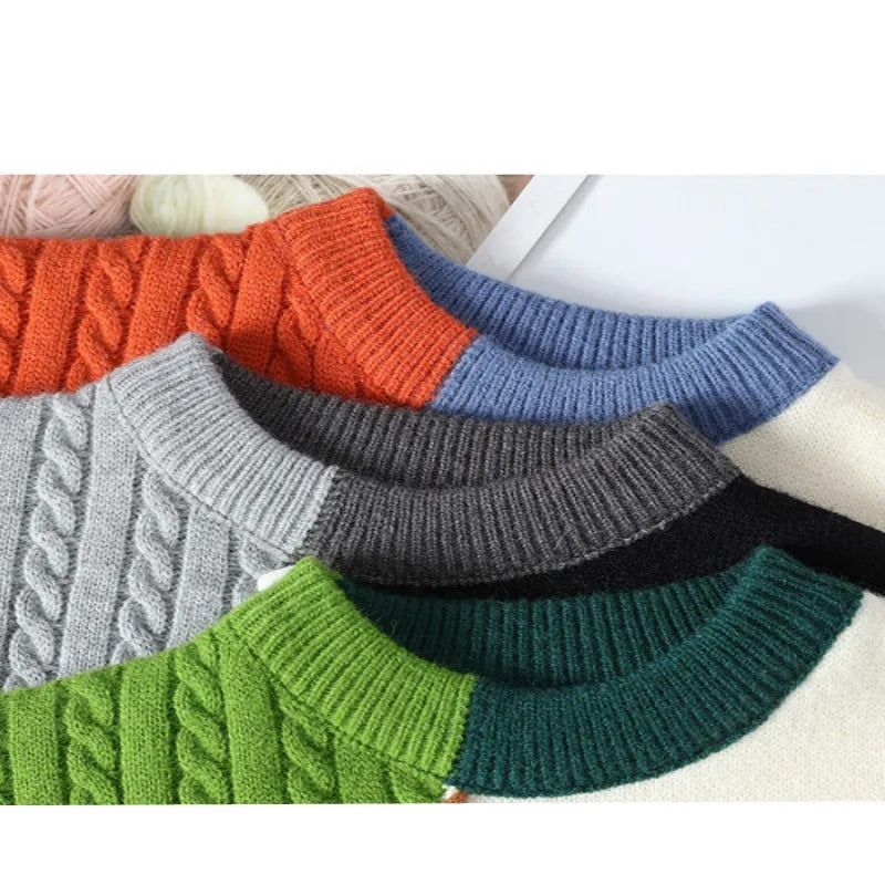 Dzianinowy sweter unisex z patchworkowym wzorem i długimi rękawami