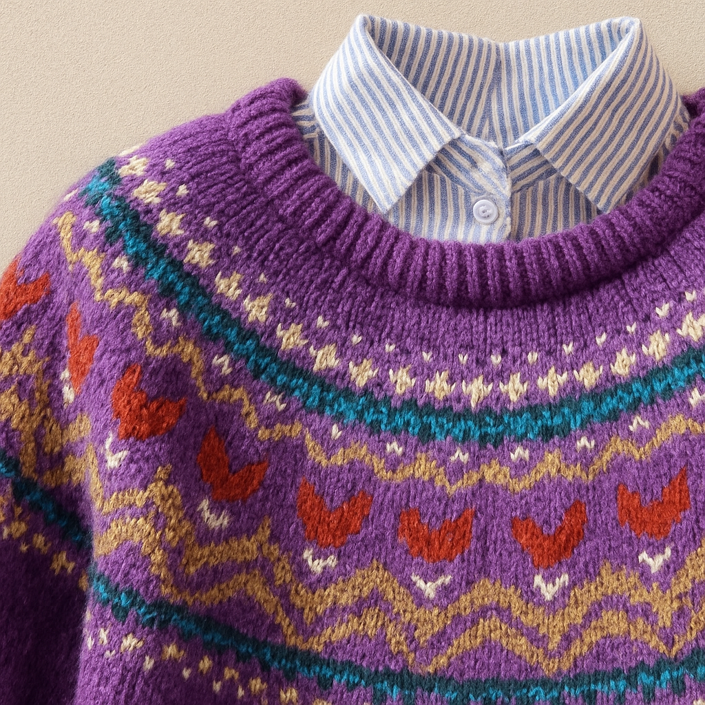Fioletowy damski sweter z wielobarwnym wzorem i okrągłym dekoltem