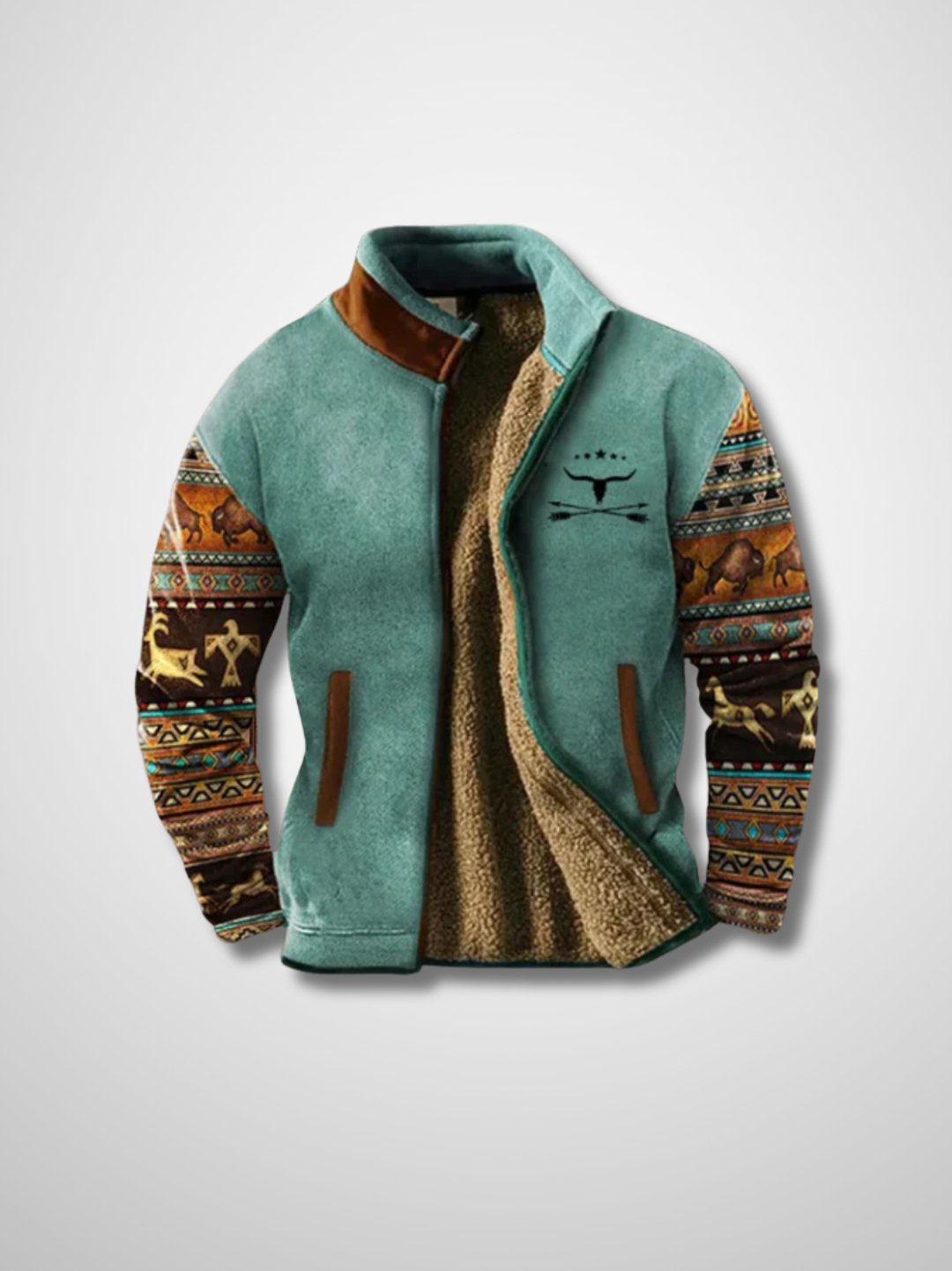 Men's Zip-Up Jacket With High Collar and Patterned Sleeves
