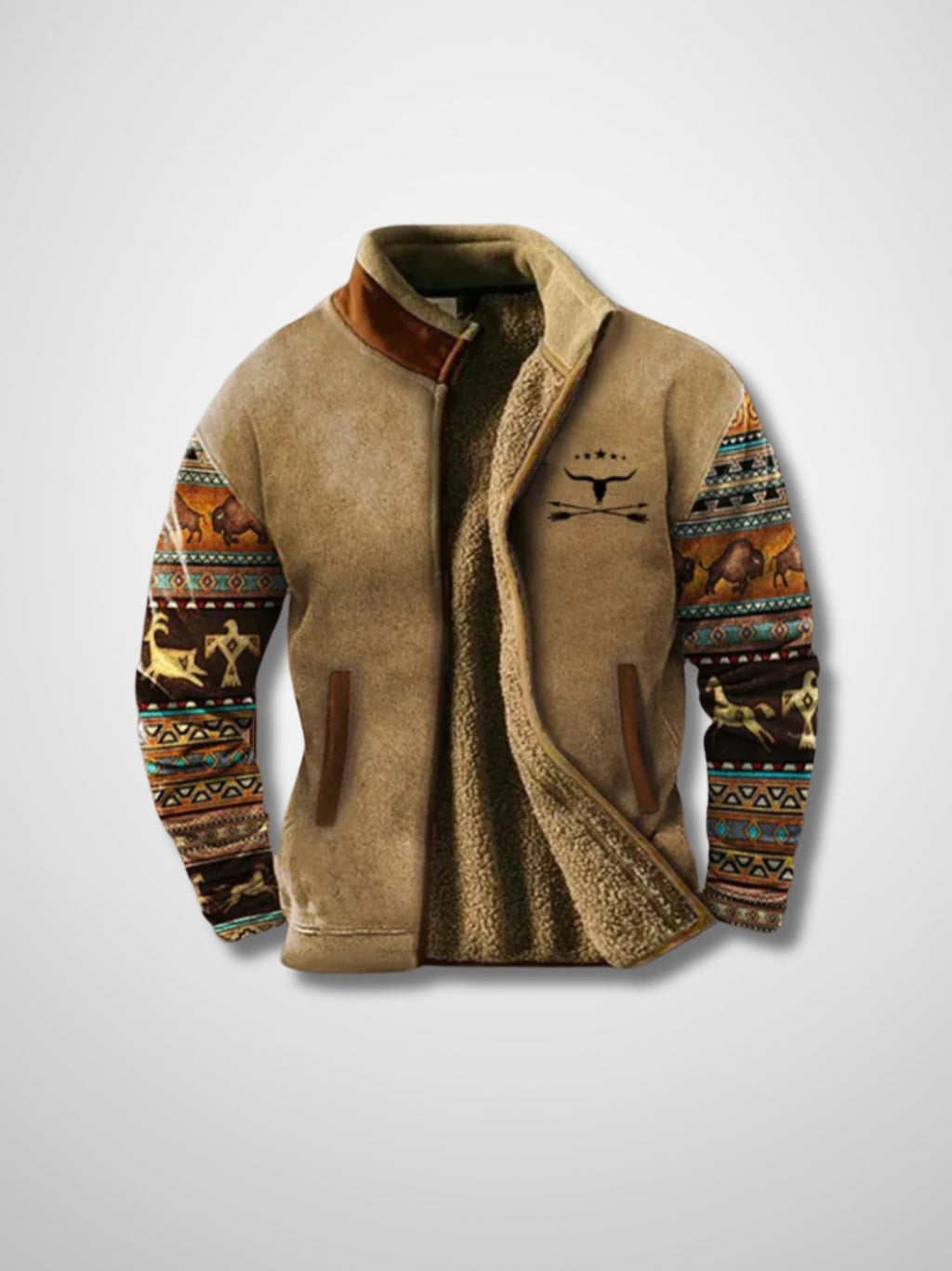 Men's Zip-Up Jacket With High Collar and Patterned Sleeves