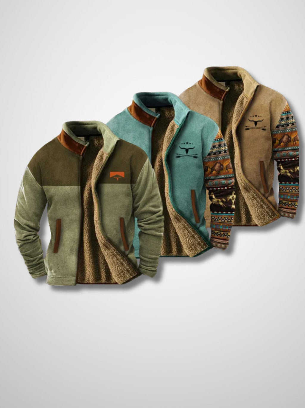 Men's Zip-Up Jacket With High Collar and Patterned Sleeves