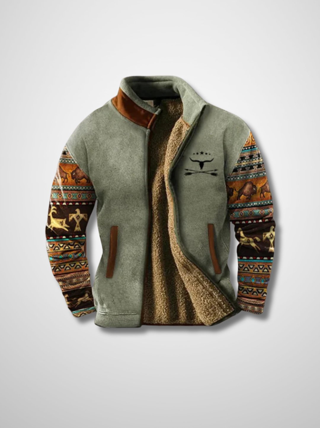 Men's Zip-Up Jacket With High Collar and Patterned Sleeves
