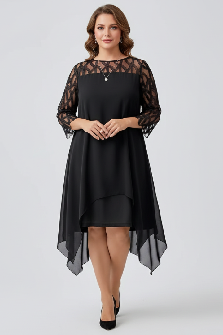 Dámské šaty ve střihu A s krajkovými rukávy a asymetrickým lemem