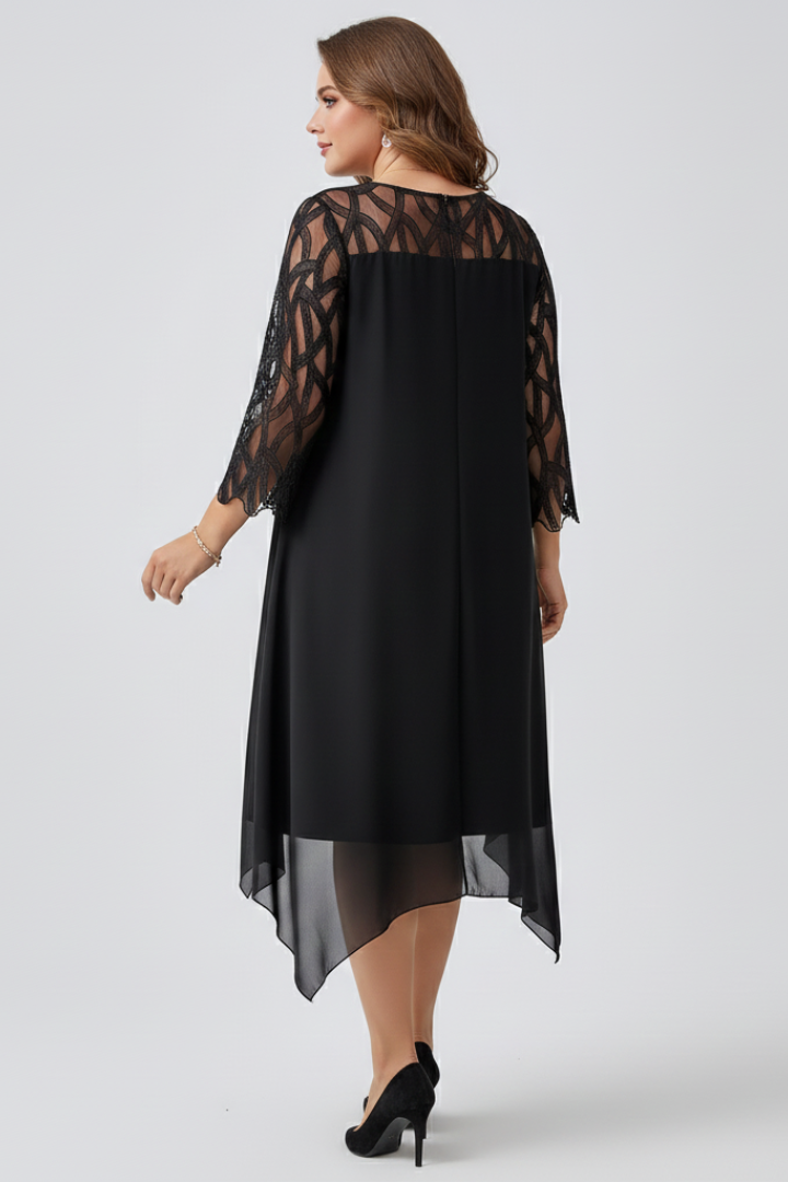Dámské šaty ve střihu A s krajkovými rukávy a asymetrickým lemem