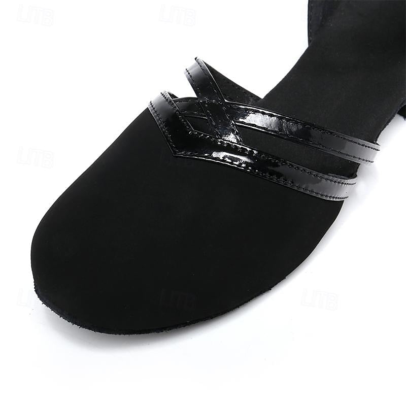 Czarne damskie buty taneczne z paskami, klamrą i niskim obcasem