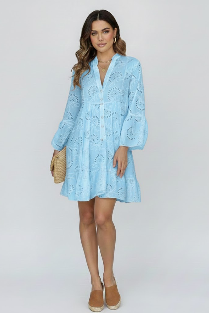 Damska Sukienka Mini z Dekoltem V i Rozkloszowanymi Rękawami