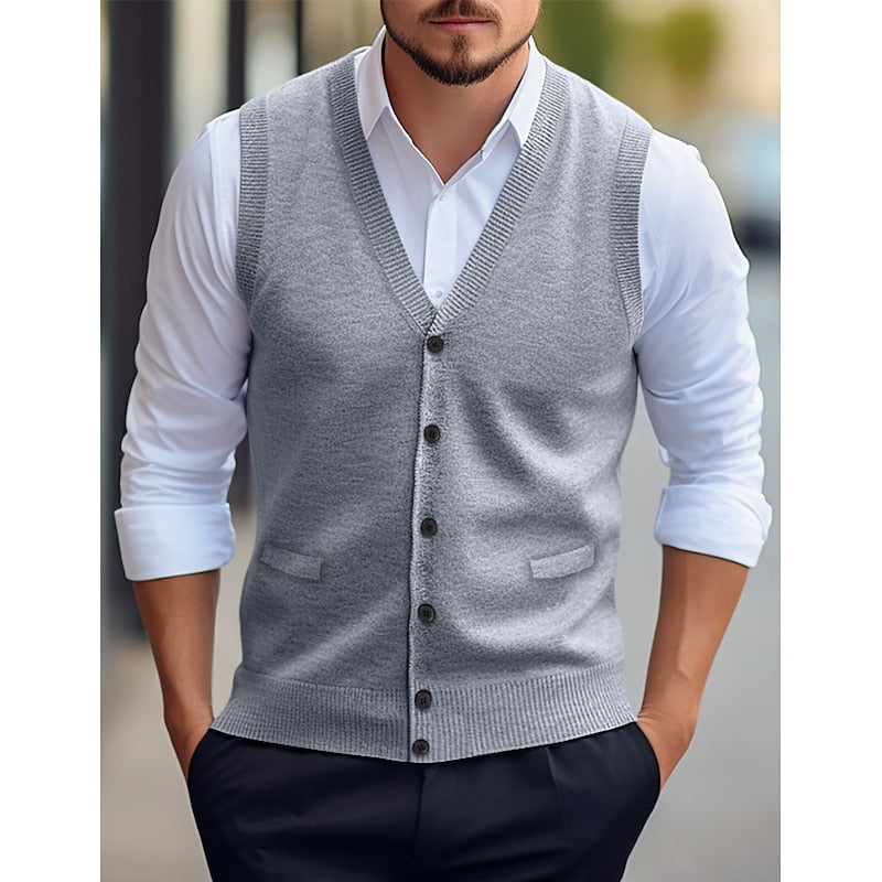 Férfi ujjatlan kardigán V-nyakkivágással és zsebekkel
