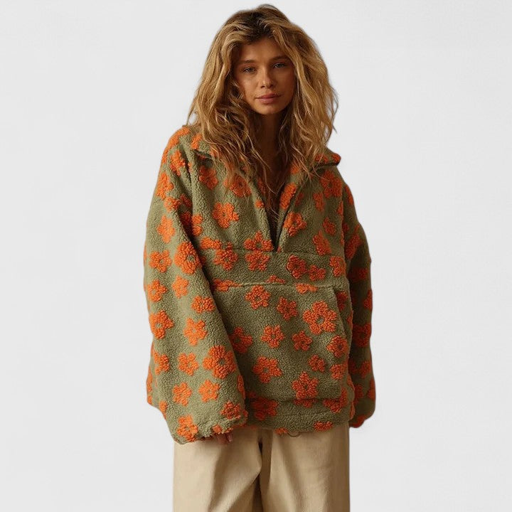 Women's Floral Sweater With Collar and Zipper