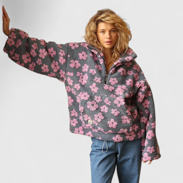 Women's Floral Sweater With Collar and Zipper