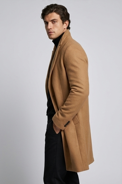 Męski długi płaszcz formalny slim fit z klapami i guzikami
