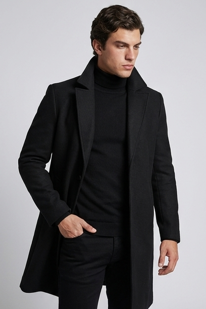 Férfi elegáns slim fit kabát, hosszú, hajtókás