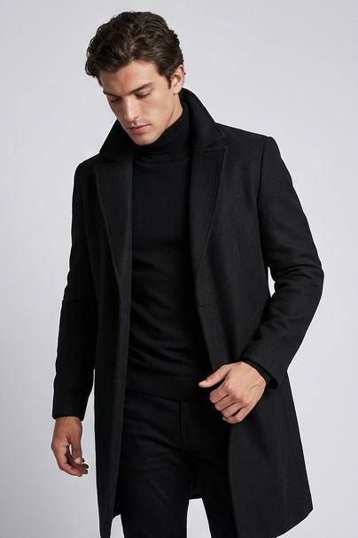 Męski długi płaszcz formalny slim fit z klapami i guzikami