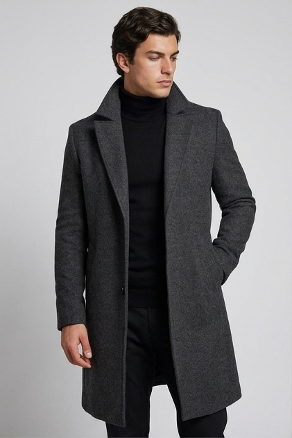 Férfi elegáns slim fit kabát, hosszú, hajtókás