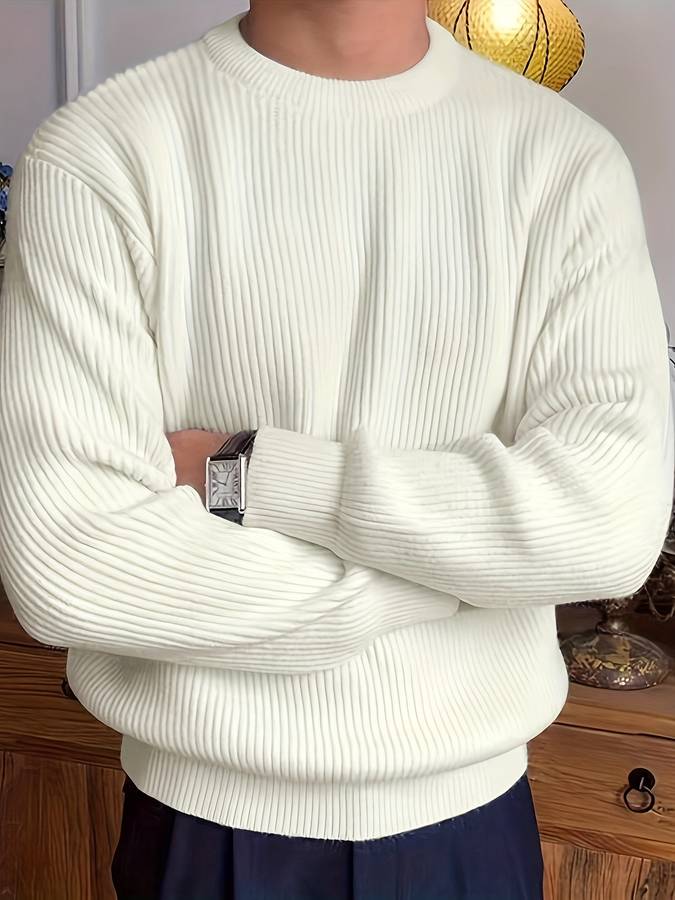 Męski prążkowany sweter z okrągłym dekoltem i długimi rękawami