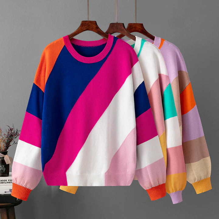 Uniseksowy sweter dzianinowy w wielokolorowe geometryczne pasy z okrągłym dekoltem i długimi rękawami