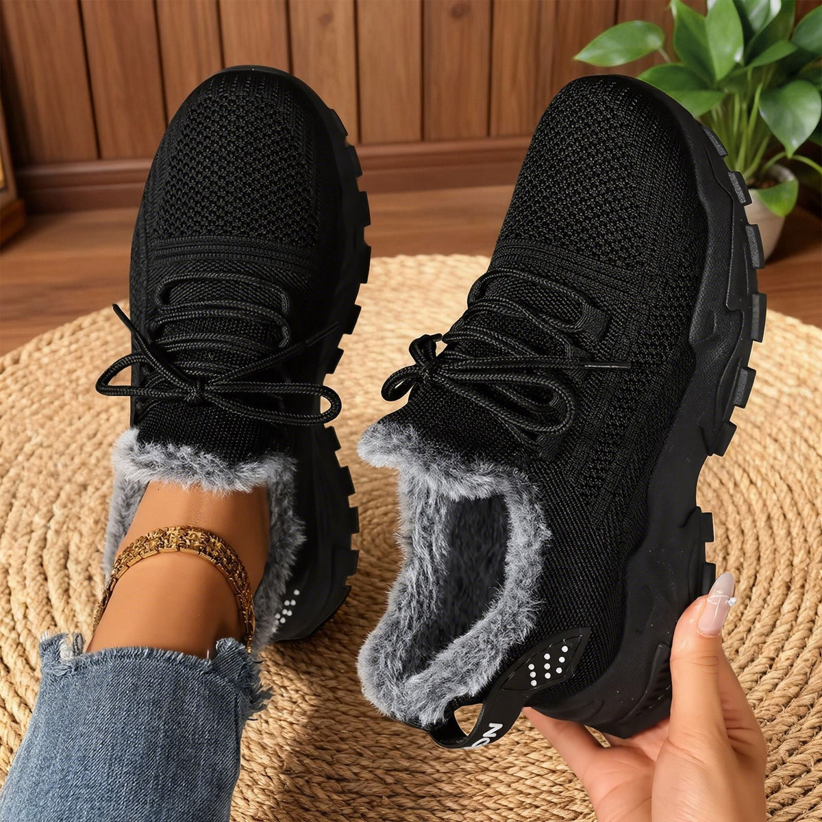 Damskie sneakersy sportowe z futrzanym wnętrzem i sznurowaniem