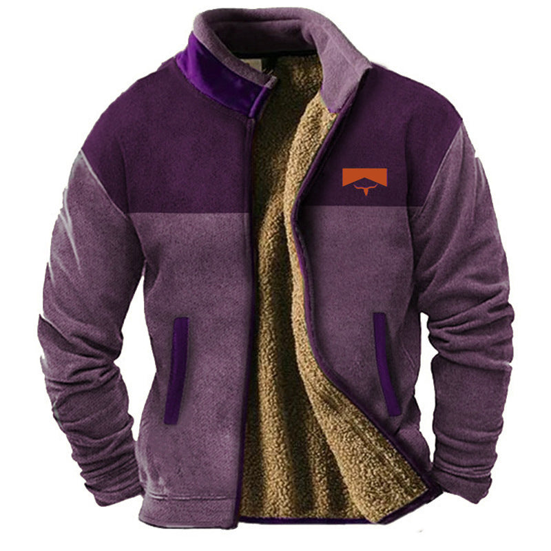 Męska kurtka polarowa ze stójką, zamkiem i wzorzystymi rękawami