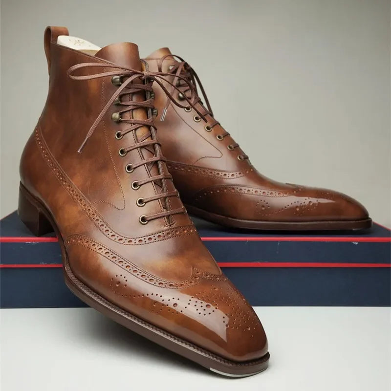 Męskie sznurowane buty za kostkę z perforowanym wzorem brogue