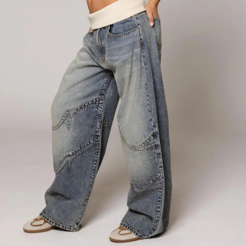 Women's Baggy Jeans With Ribbed Waistband, Wide Legs