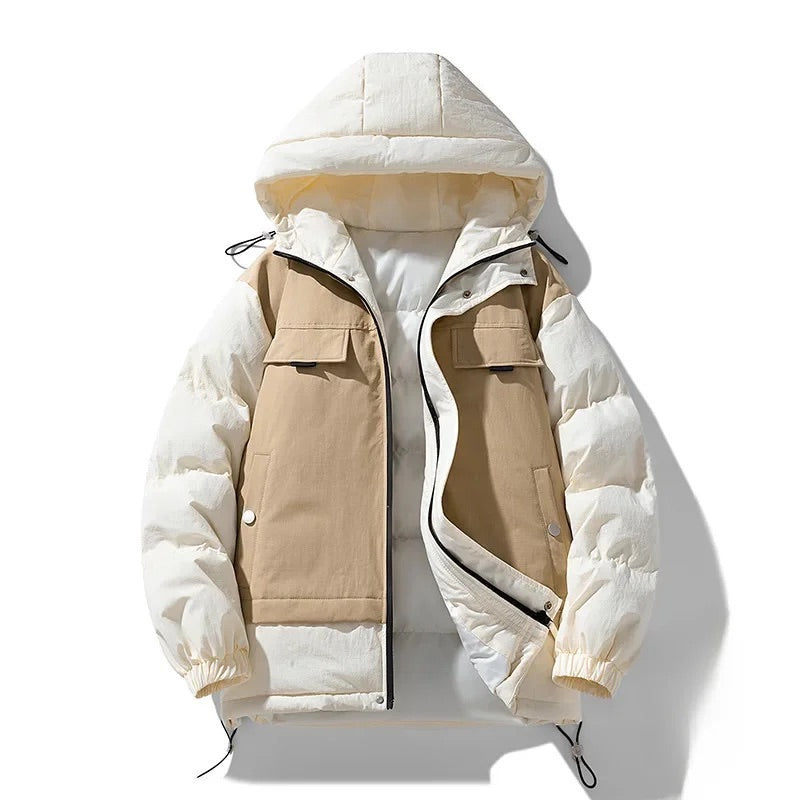 Męska pikowana kurtka puchowa z kapturem, kieszeniami i kontrastowymi panelami