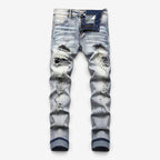 Férfi slim fit farmer kopott részekkel és felvarrókkal