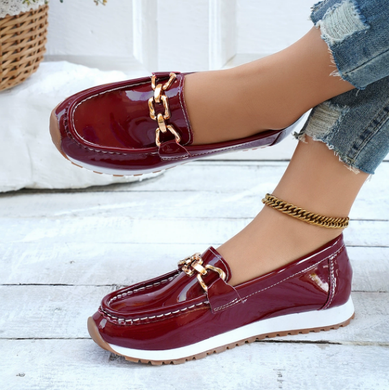 Women's Glossy Burgundy Loafers With Chain Detail